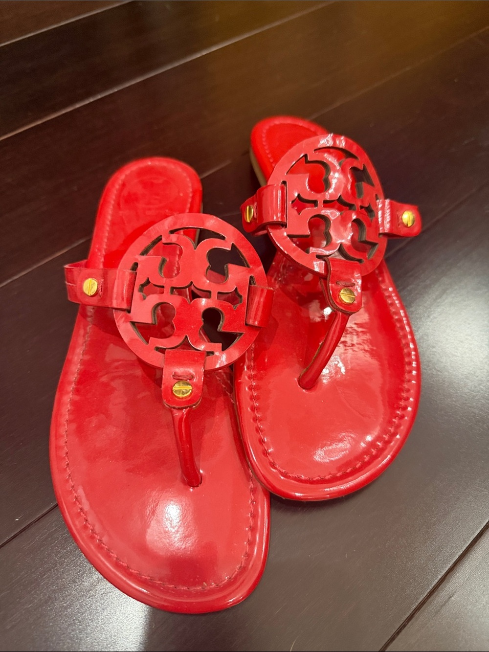 Tory Burch Red Patent Miller Thong Sandals with Gold Studs